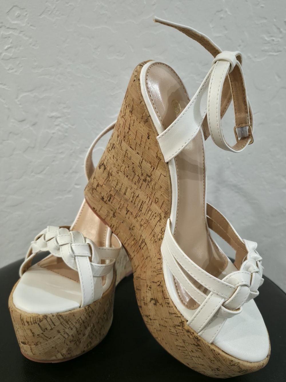 Women's White Cork Wedge Sandals with Ankle Strap